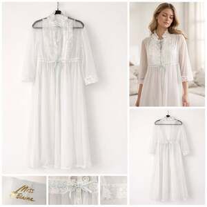 Miss Elaine Vintage Sheer White Lace Peignoir Robe with Blue Ribbon Accents